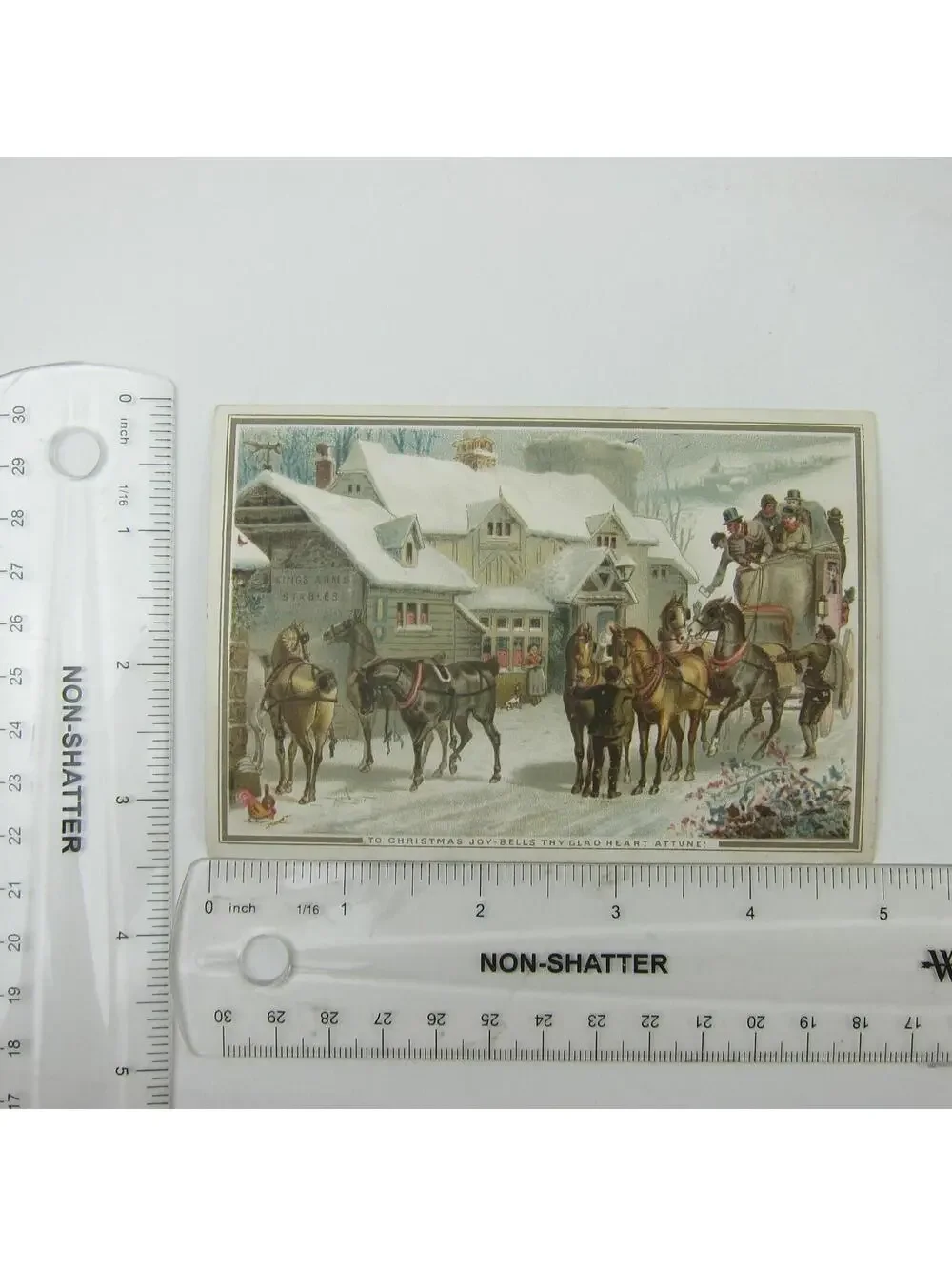 Victorian Greeting Card Christmas Stagecoach Horses Snowy Stables Antique